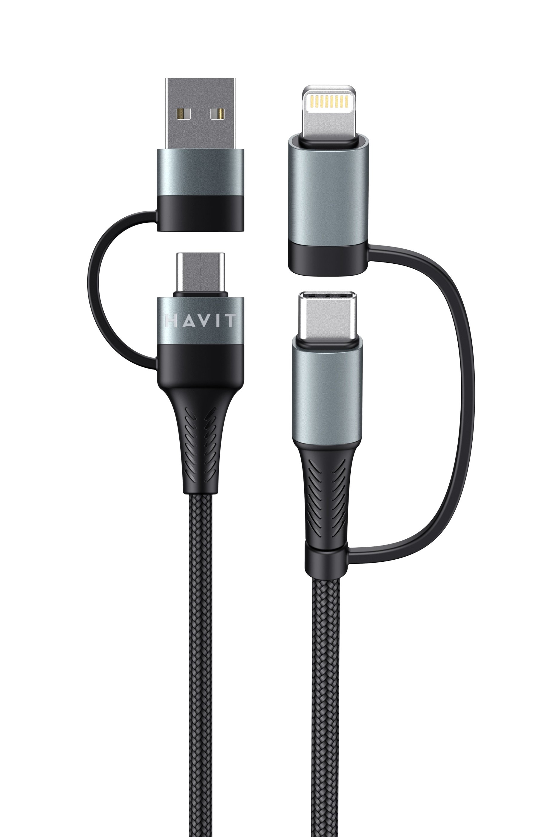 Įkrovimo laidas HAVIT DOT 6244, universalus, Type-C arba USB-A į Type-C arba Lightning, sustiprintas, 60W 1 m, juodos sp.