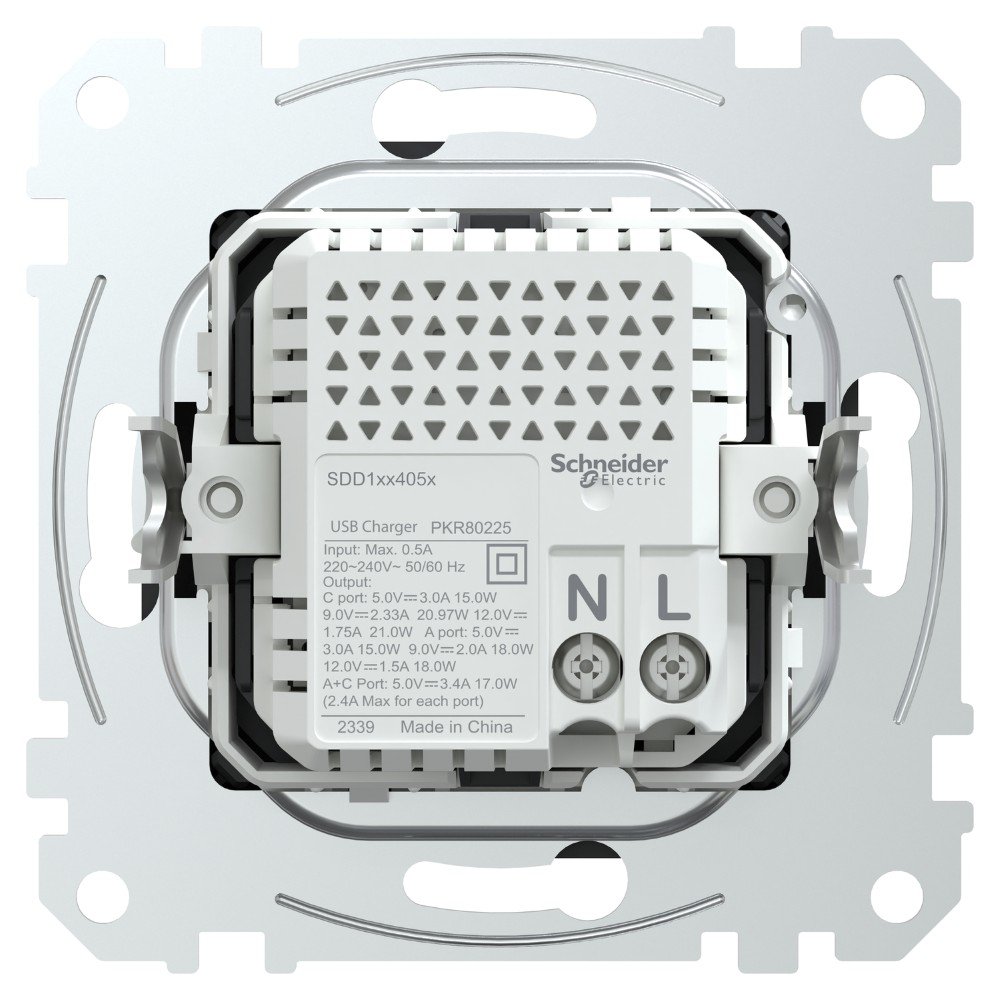 Kištukinis lizdas SCHNEIDER Sedna Design, įleidžiamas, be rėmelio, su įž., USB-A - USB-C, baltos sp., SDD111405