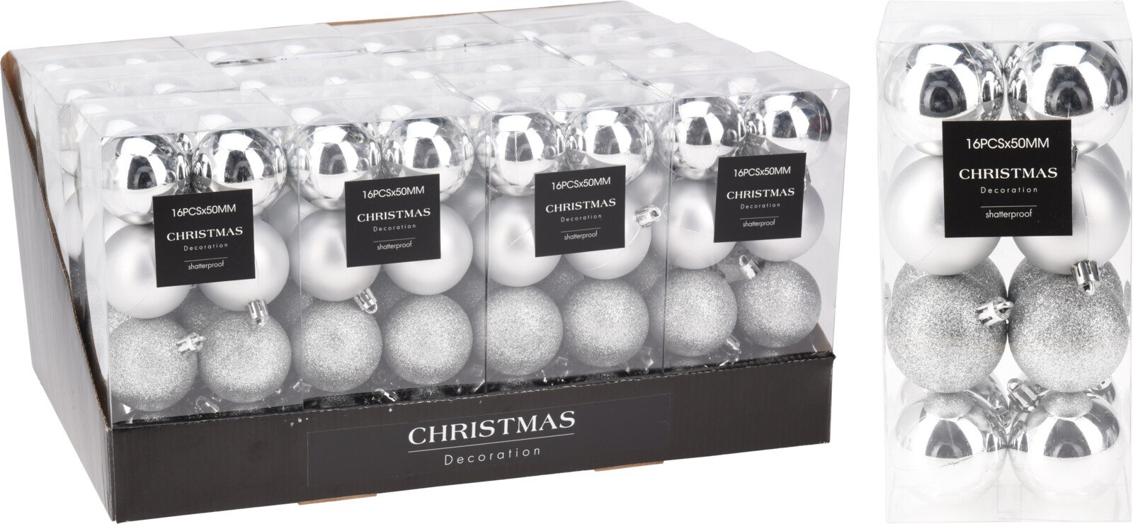 Eglutės žaisliukų rinkinys, 16 vnt., stiklas, sidabro sp., matiniai, blizgūs ir žėrintys, skersmuo 5 cm