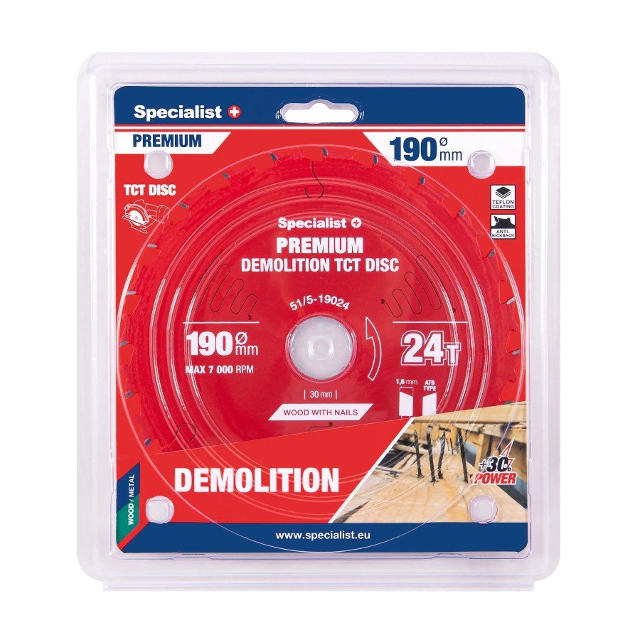 Medienos pjovimo diskas SPECIALIST+ Demolition, akumuliatoriniams pjūklams, 190x30 mm, 24 dantys