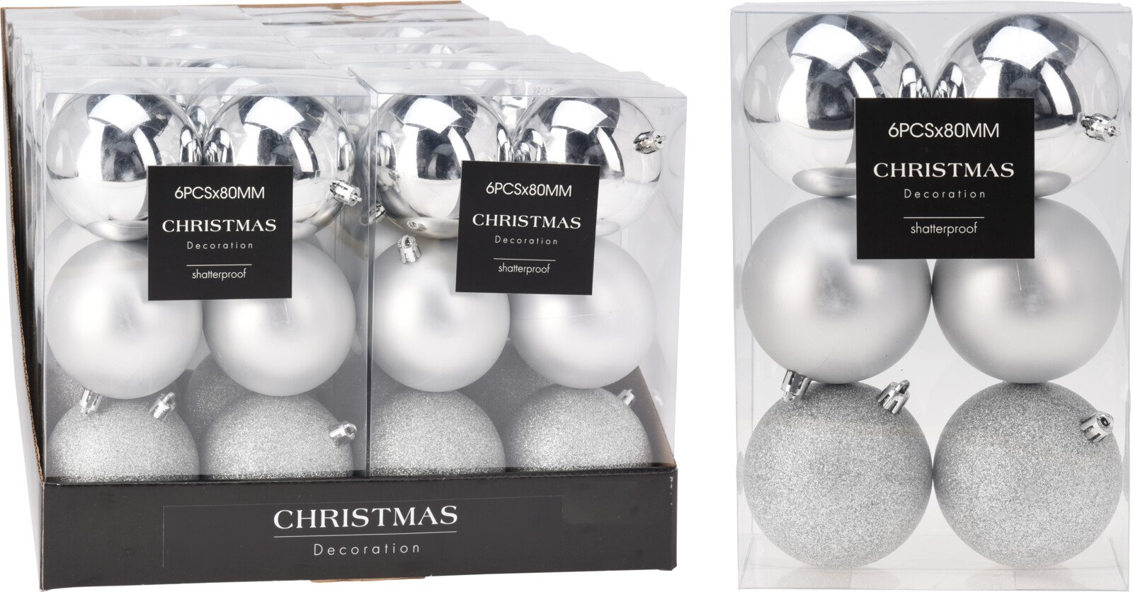 Eglutės žaisliukų rinkinys, 6 vnt., stiklas, sidabro sp., matiniai, blizgūs ir žėrintys, skersmuo 8 cm