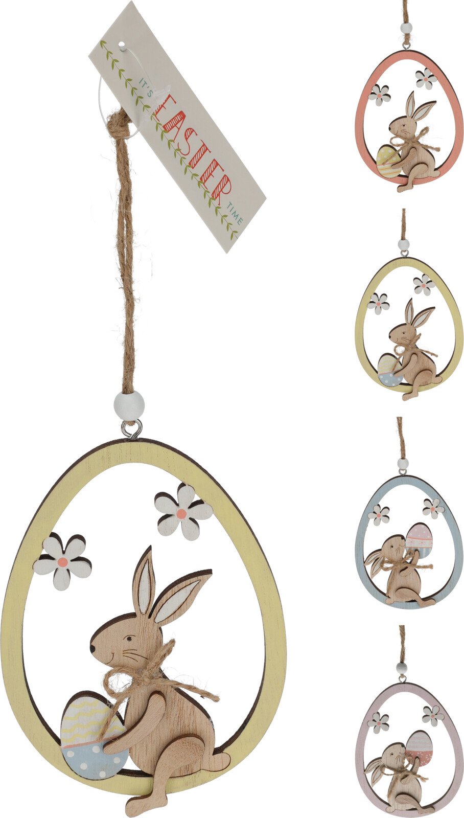Velykinė pakabinama dekoracija Kiaušinis su triušiu, 12 cm, 4 skirtingos sp.