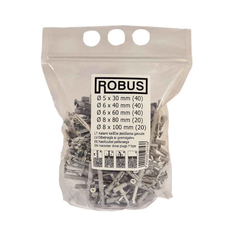 Kalamų kaiščių rinkinys ROBUS, 5 x 30 mm, 6 x 40 mm, 6 x 60 mm, 8 x 80 mm, 8 x 100 mm, 160 vnt.