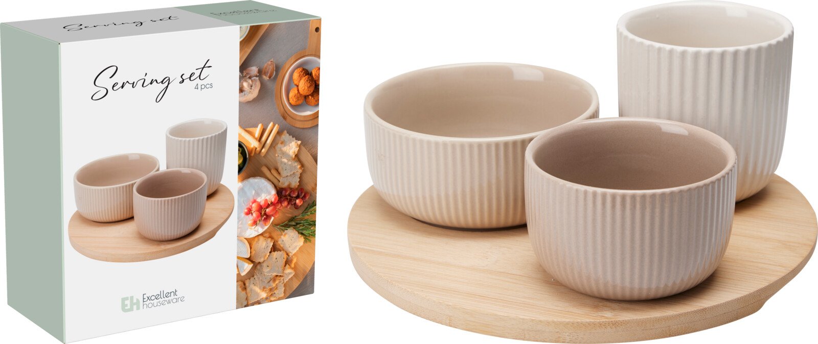 Serviravimo indų rinkinys, 3 vnt. keraminių indelių ir bambukinis padėklas