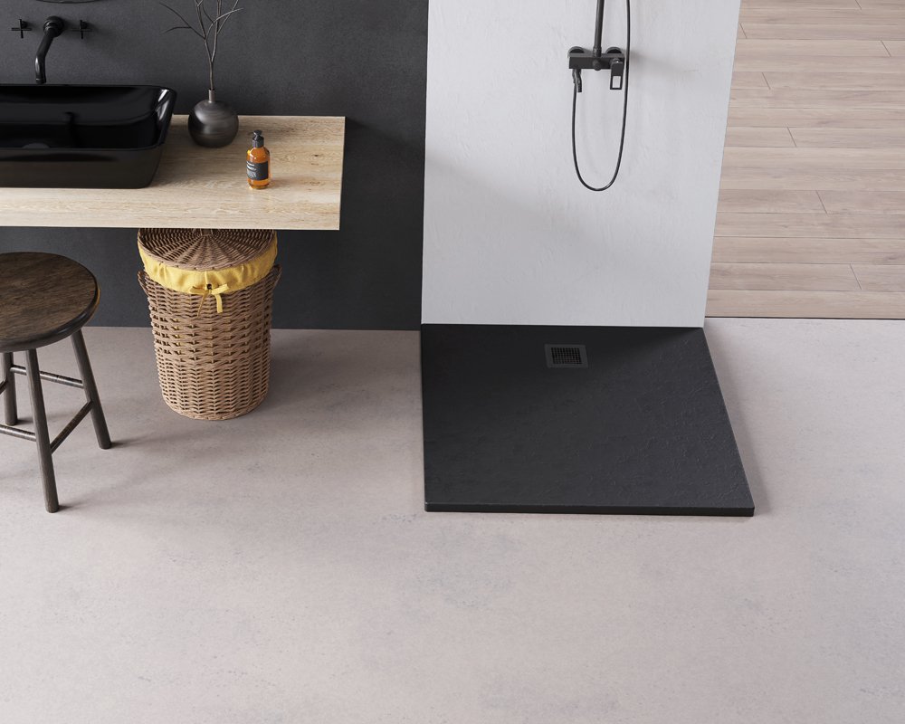 Dušo padėklas HARMONY Mare HAR-0142,  80 x 100 x 3 cm, akmens masės, stačiakampis, neslidi danga, juodas.