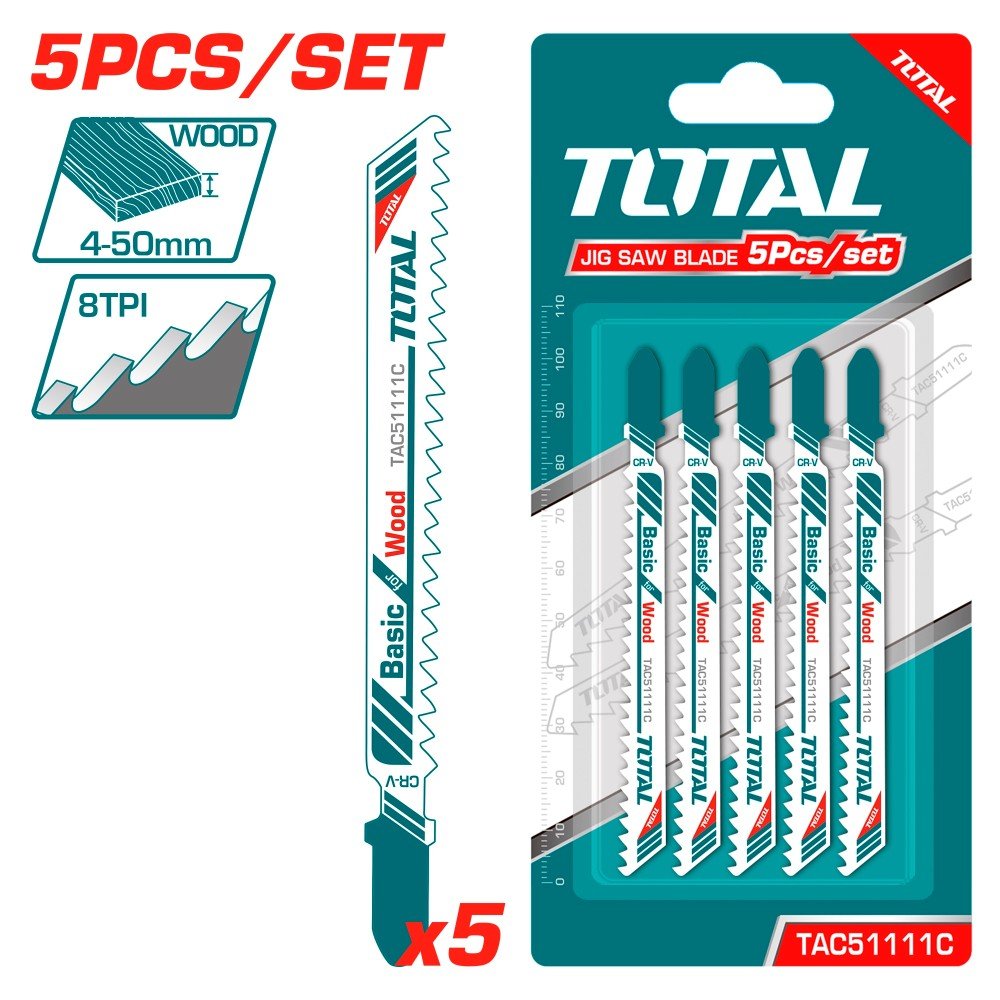 Siaurapjūklio pjūklelių rinkinys TOTAL, medienai, 74 mm, 8TPI, 5vnt., TAC51111C