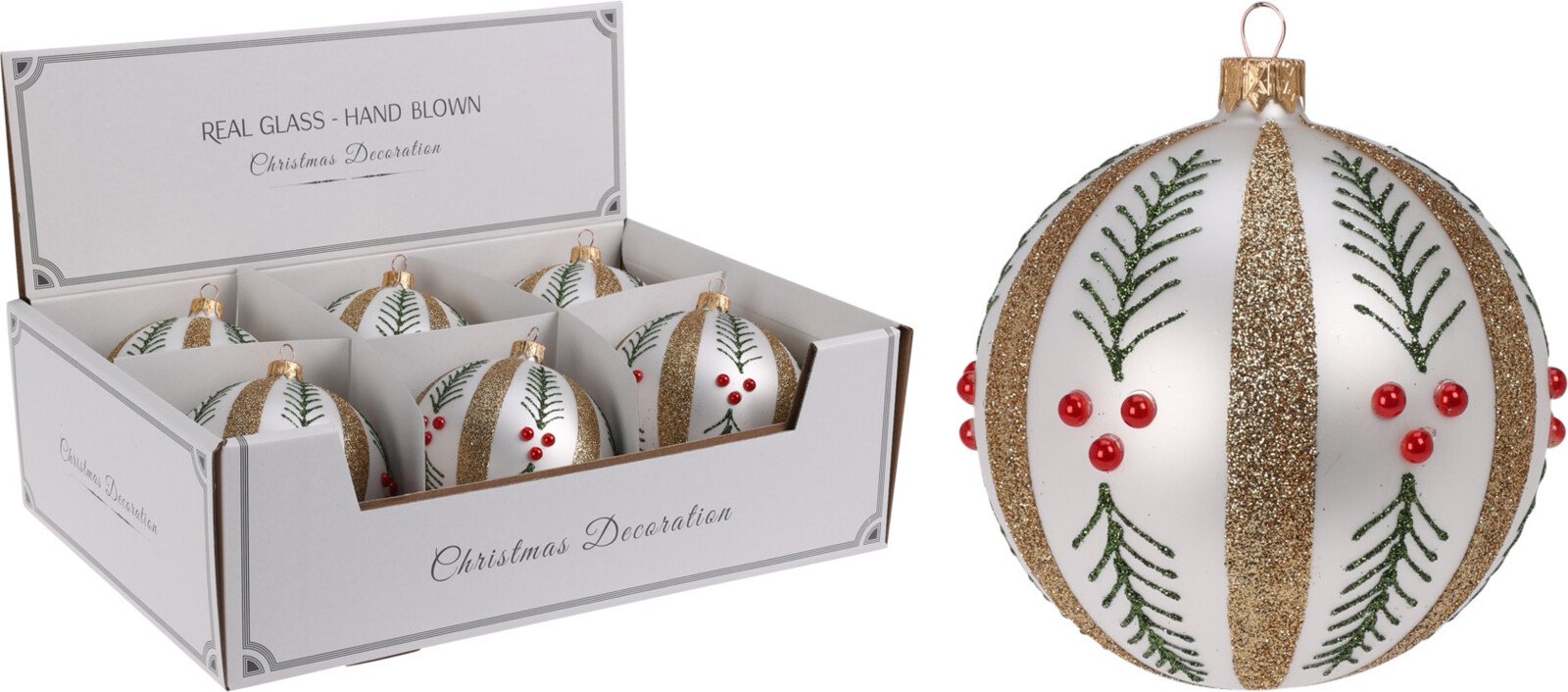 Eglutės žaisliukas, sidabro sp. su aukso sp. dryžiais ir uogų šakelėmis, skersmuo 10 cm