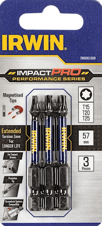 Smūginiai sukimo antgaliai IRWIN Impact Pro, 57 mm, 1 x T15, 1 x T20, 1 x T25