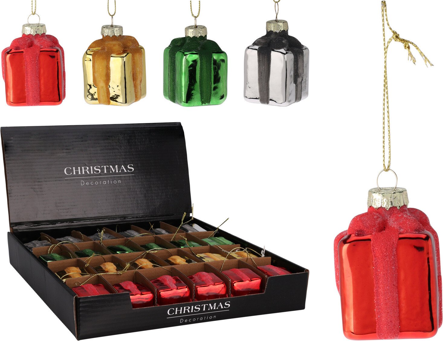 Eglutės žaisliukas Dovanėlė, aukso/sidabro/raudonos/žalios sp., 37 x 37 x 60 mm