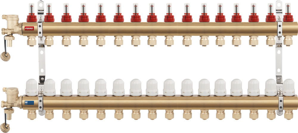 Žalvarinis grindinio šildymo kolektorius FERRO, N-RZP 1″ su srauto matuokliais, termostatiniais vožtuvais ir 16x2 mm nipeliais, 15 žiedų, N-RZP15S