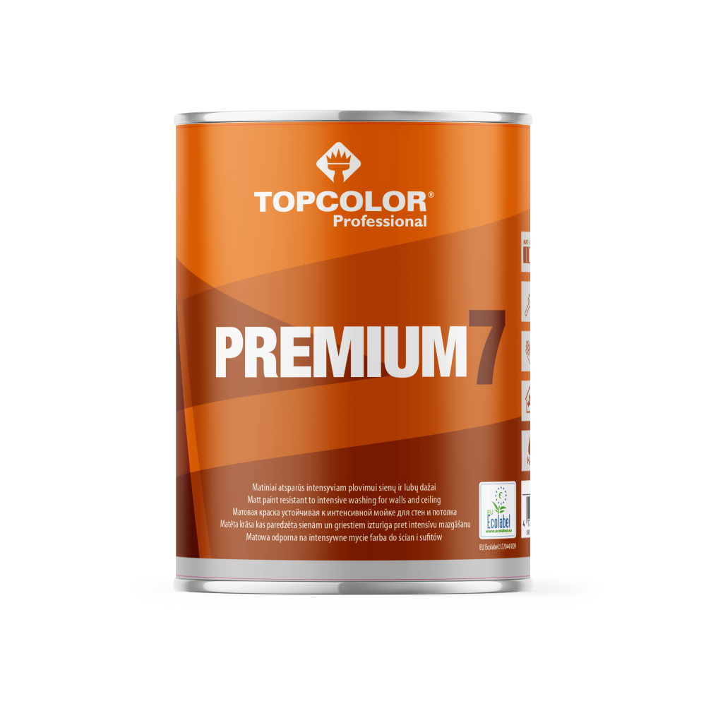 Vandeniniai vidaus dažai TOPCOLOR Premium 7, 0.9 L, A bazė, matiniai, ypatingai atsparūs pLovimui, sienoms