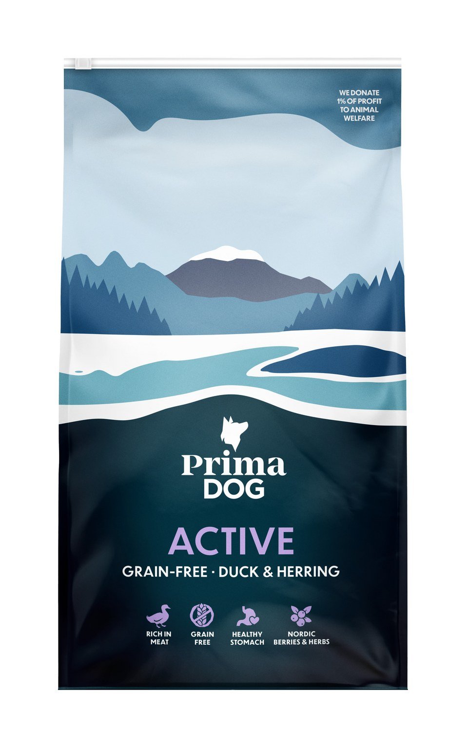 Sausas šunų ėdalas PRIMADOG Active, be grūdų, antiena-silkė, aktyviems suaugusiesiems šunims, 10kg