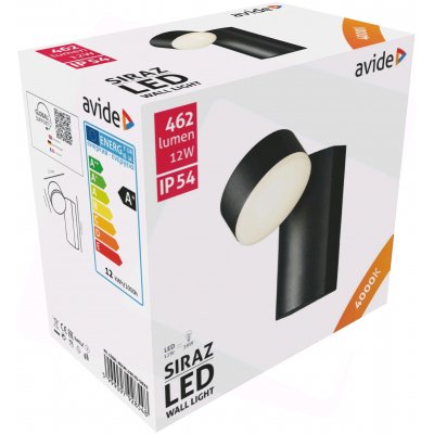 Lauko šviestuvas AVIDE Siraz At-8548, LED 12W, 220-240V, 4000K, 462 lm, IP54, sieninis, juodos sp., 90 x 152 mm