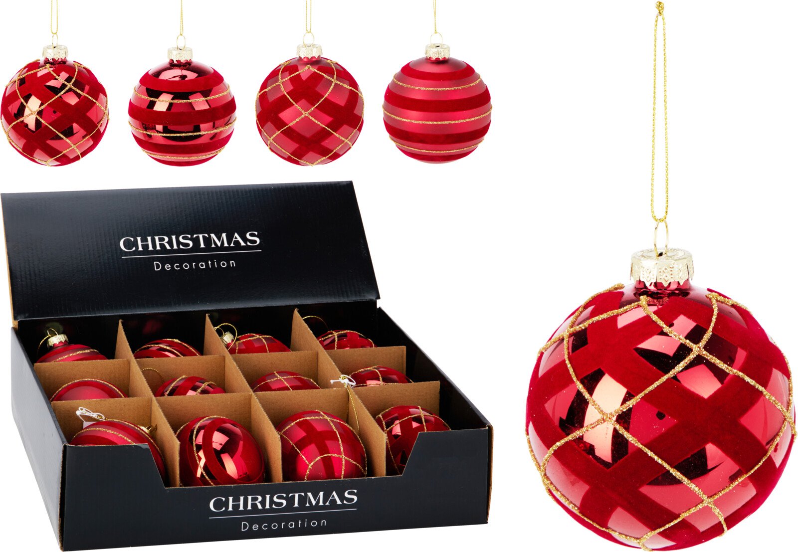 Eglutės žaisliukas, stiklas, raudonos sp., su auksiniais raštais, 4 skirtingi dizainai, skersmuo 8 cm