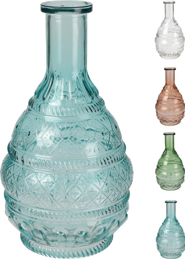 Stiklinė vaza, butelio formos, 4 skirtingos spalvos, 22 cm