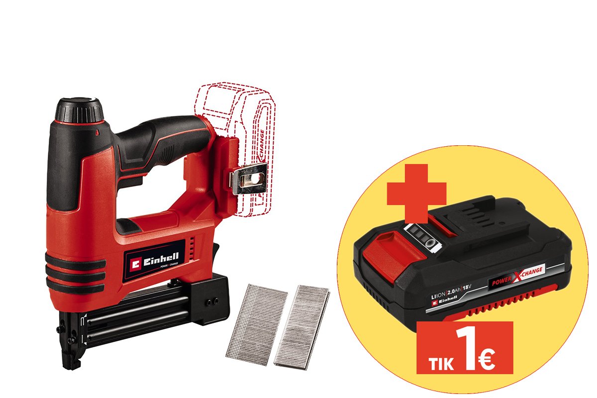 Akumuliatorinė viniakalė EINHELL TE-CN 18 Li - Solo, 18 V, šaudomų vinių ilgis 15-32 mm, pasvirimo kampas apkaboje 0°, be akumuliatorių ir kroviklio