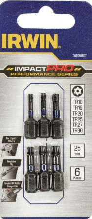 Smūginiai sukimo antgaliai IRWIN Impact Pro, 25 mm, 1 x TR10, 1 x TR15, 1 x TR20, 1 x TR25, 1 x TR27, 1 x TR30