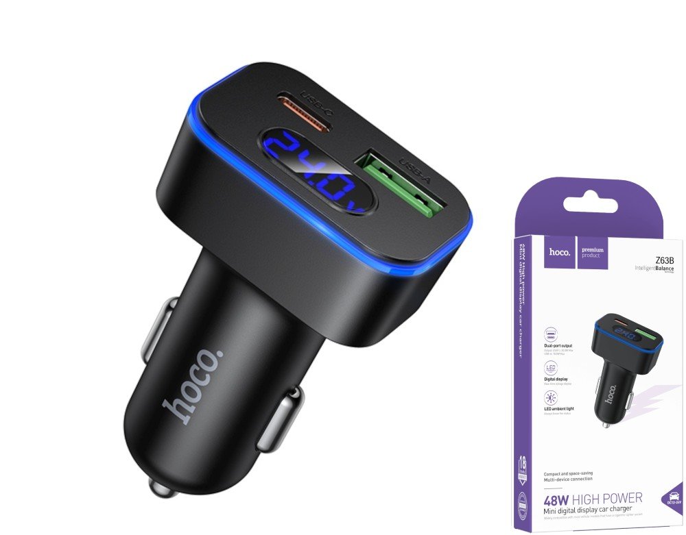 Automobilinis įkroviklis HOCO 63B, palaiko 30+18W išmanųjį įkrovimą, rodo akumuliatoriaus srovę