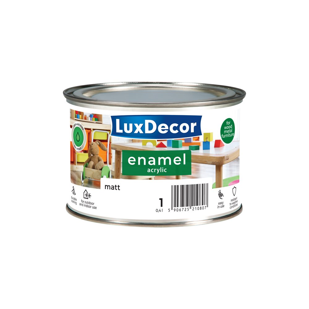 Universali akrilinė emalė LUXDECOR, 0,4 l, (01) sniego baltumo spalvos, matinis, vandens pagrindu