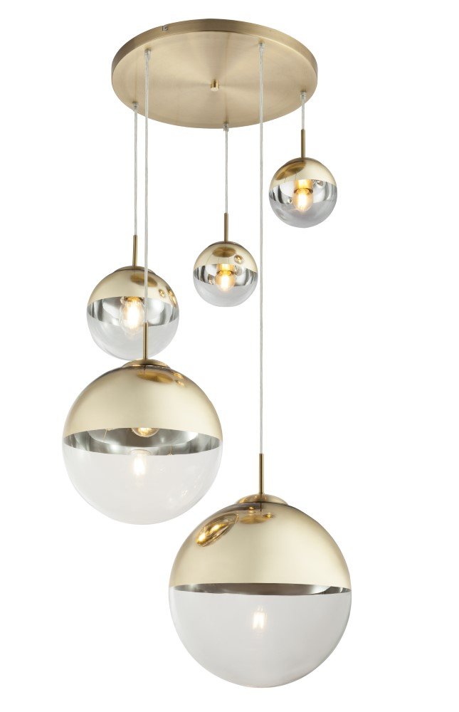 Pakabinamas šviestuvas GLOBO Varus, E27, 3 x 40W + 2 x 25W, 230V, aukso sp. metalas, skaidrus/aukso sp. stiklas, 650 x 1500 mm, 15855-5