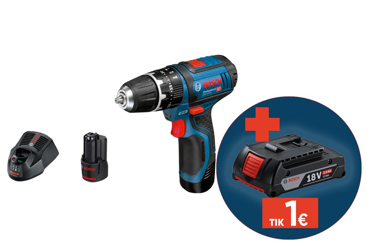 Akumuliatorinis smūginis suktuvas BOSCH Professional GSB, 12V-15, 2 akumuliatoriai 2,0 Ah, 25 priedai, sukimo momentas 15, 30 Nm, 10 mm griebtuvas, krepšys, 06019B690K
