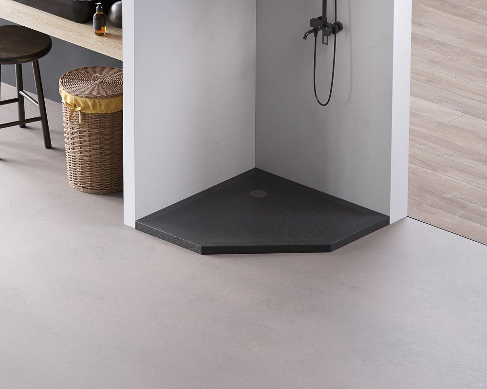 Dušo padėklas HARMONY Laut Rock HAR-0018, 90 x 90 x 4,5 cm, akrilinis, juodas, penkiakampis, natūralaus akmens imitacija
