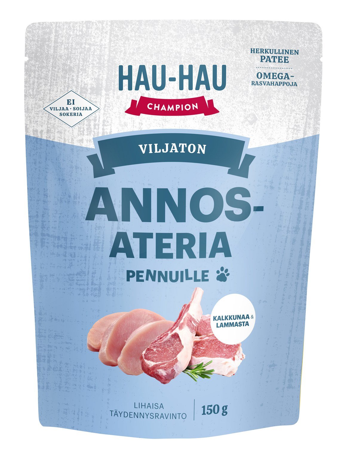 Konservuotas šunų ėdalas HAU-HAU CHAMPION, be grūdų, su kalakutiena ir ėriena, 150g