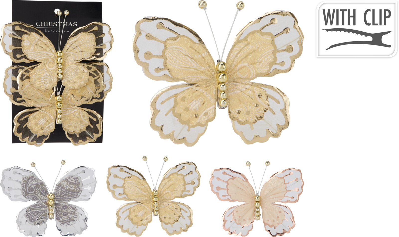 Kalėdinė dekoracija Drugelis, 3 vnt., su segtuku, 3 skirtingos sp., 13 x 9 x 1,5 cm