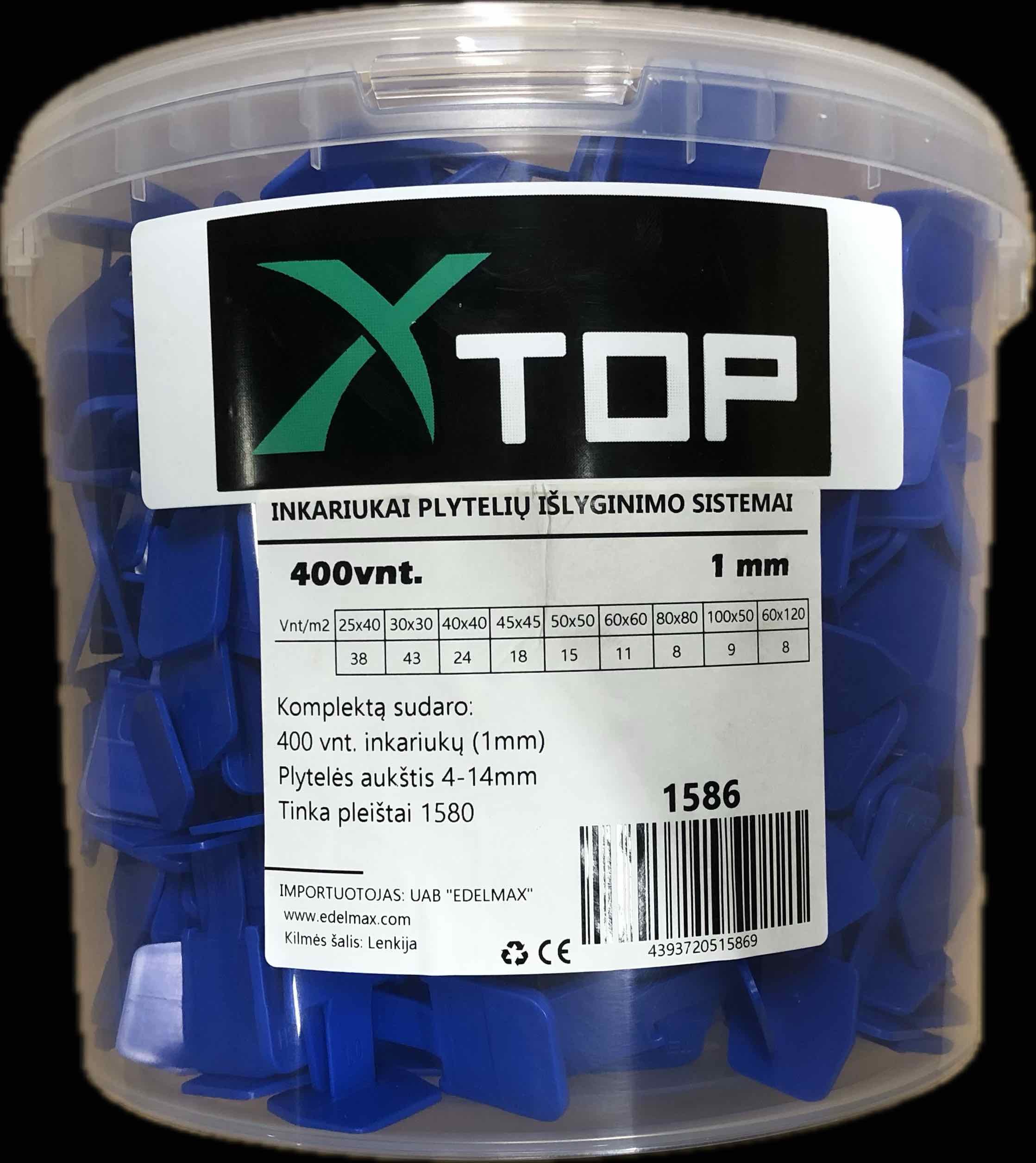 Plytelių inkarai XTOP, 1 mm, plytelių išlyginimo sistemai, komplekte 400 vnt.