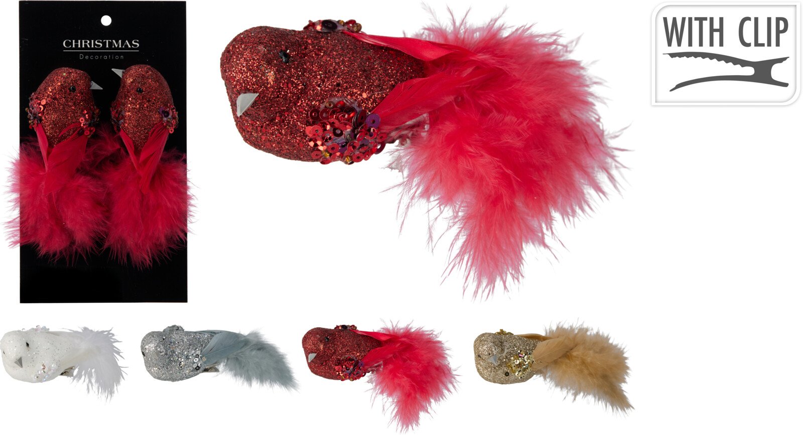 Kalėdinė dekoracija Paukštelis, 2 vnt., su segtuku, su plunksnomis, 5 skirtingos sp., 12 x 4 x 3,5 cm