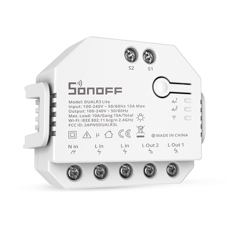 Išmanusis jungiklis SONOFF Dual R3 Lite, 100-240VAC, max 3300W, Wi-Fi, valdomas programėle, išorinis jungiklio valdymas tiek variklio, tiek jungiklio režimu.