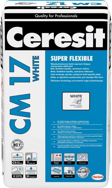 Plytelių klijai CERESIT CM17 WHITE SUPER FLEXIBLE balti, vidaus ir išorės darbams, 25 kg