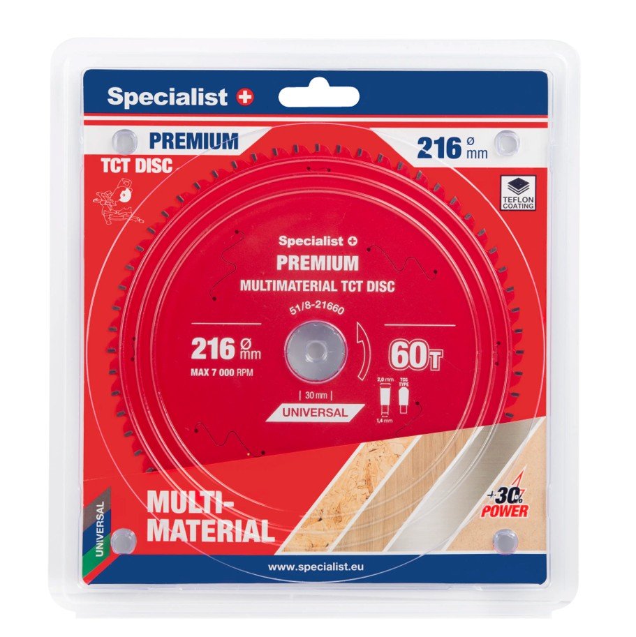 Medienos pjovimo diskas skersinio pjovimo staklėms SPECIALIST+ Multimaterial, 216x30 mm, 60 dantų