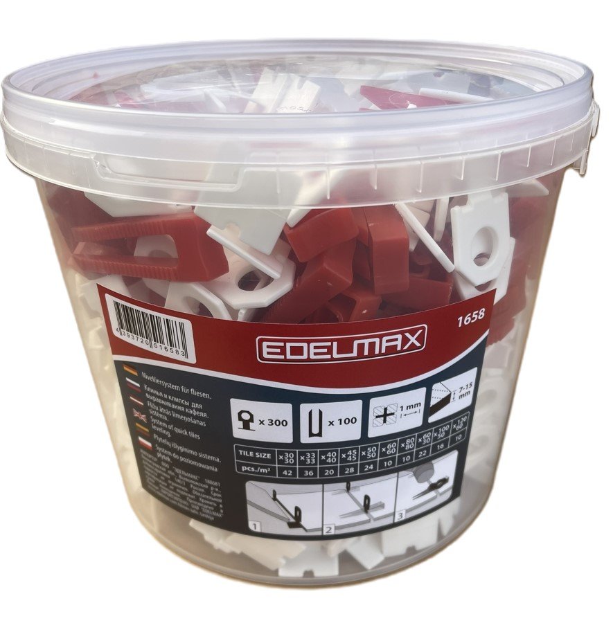 Plytelių išlyginimo sistema EDELMAX, 1 mm, inkarų 300 vnt, pleištų 100 vnt., 7-15 mm plytelėms