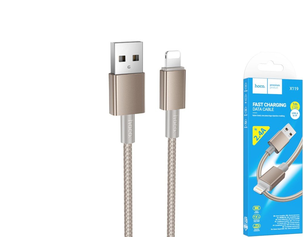 Įkrovimo laidas HOCO 119, USB A - Lightning, sustiprintas, palaikomas įkrovimas iki 2,4A, laido ilgis 1m, aukso sp.