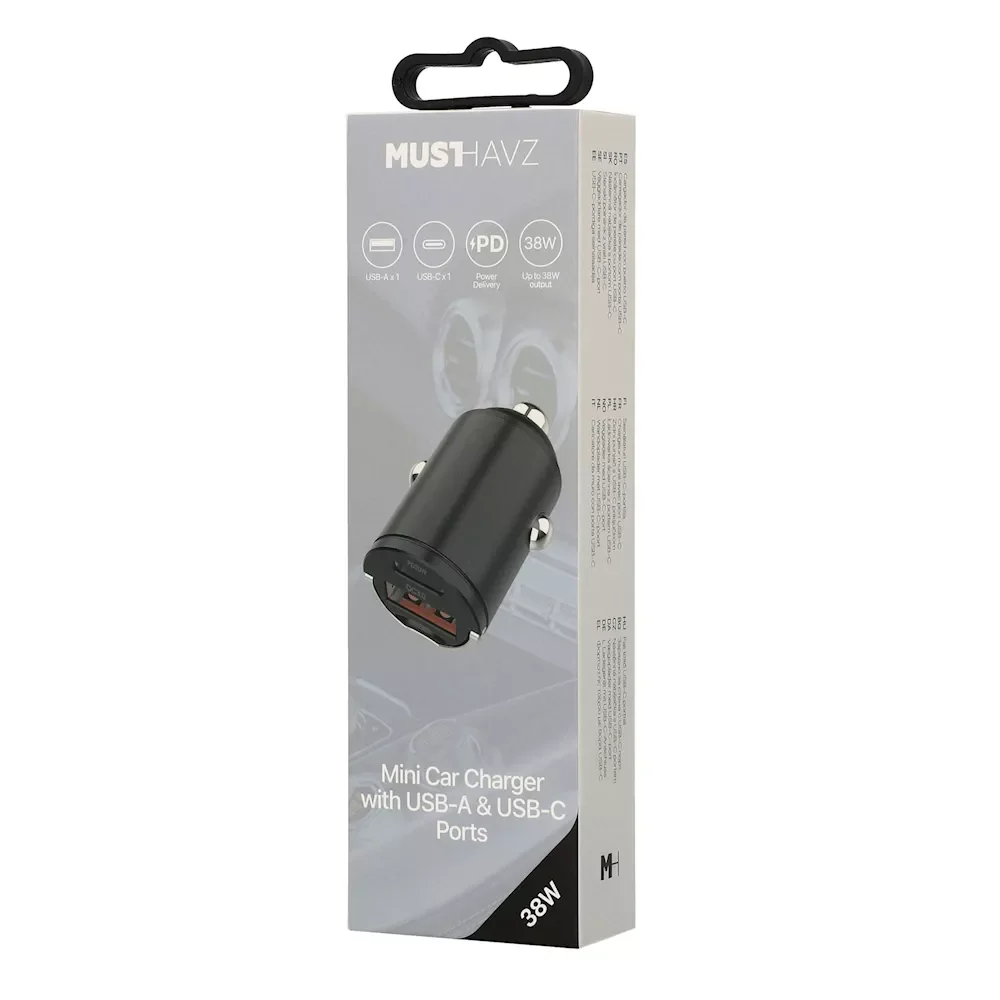 Automobilinis įkroviklis MUSTHAVZ, 2 lizdų, USB-A + USB-C, 38W, juodos sp., MHCACHEADPD38W