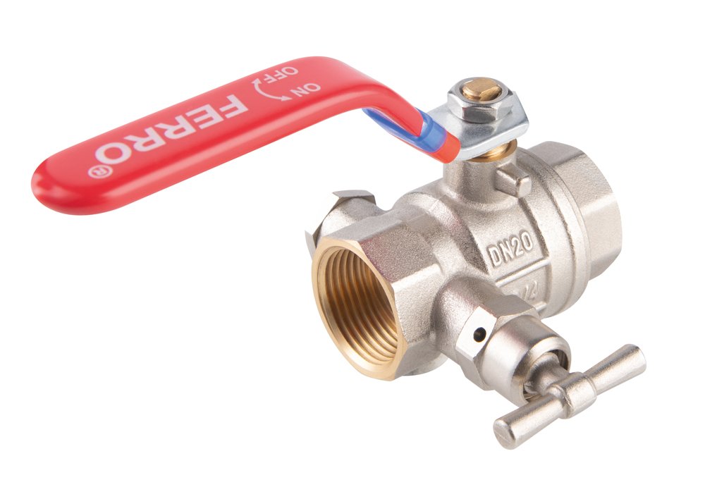 Pilno pralaidumo rutulinis ventilis FERRO Power, su drenažu, trumpa rankena, vidus-vidus, 1/2 "
