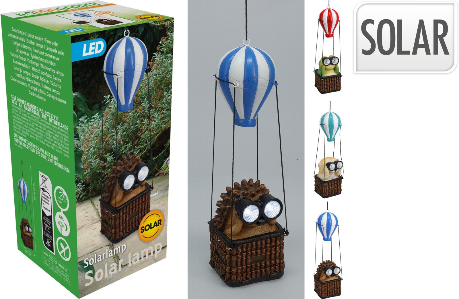 Sodo dekoracija Sodo gyvūnai, šviečiančiomis akimis, su balionu, įvairių sp., 3 skirtingų dizainų, 7,5 x 7 x 21,5 cm.