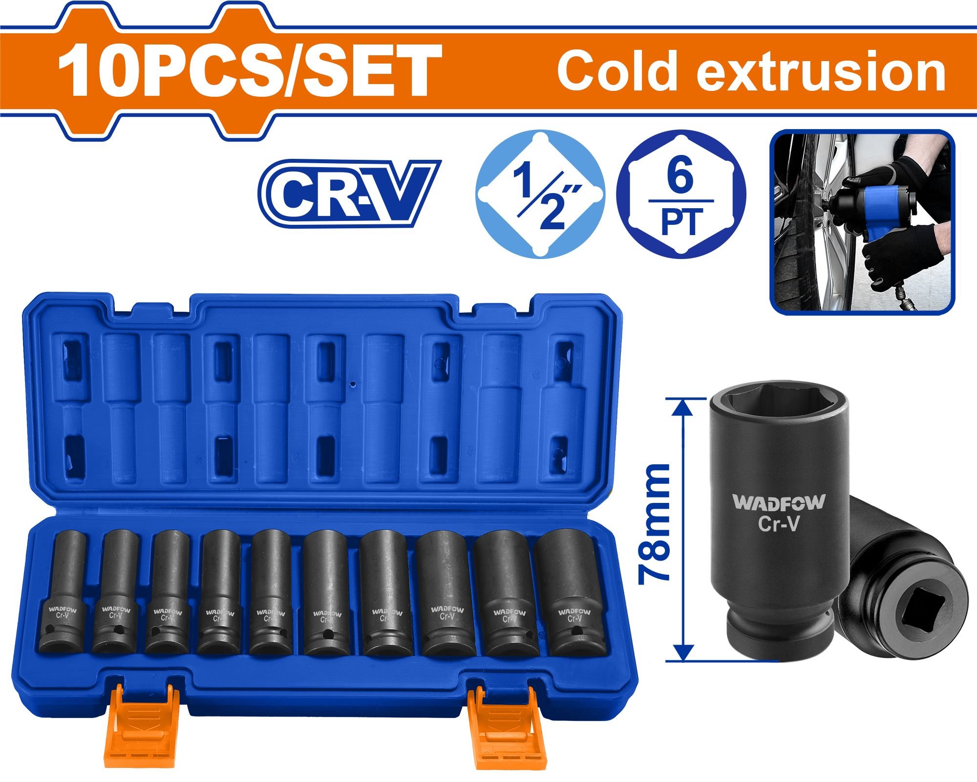 Smūginių galvučių rinkinys WADFOW, 1/2", Cr-V, 78 mm, 10 vnt., WMS2D02