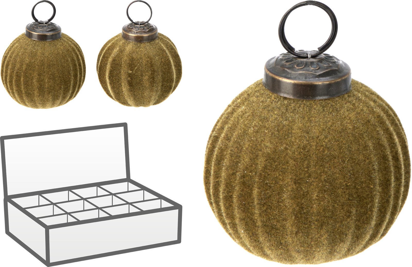 Eglutės žaisliukas, gofruotas, flokuotas stiklas, žalios sp., skersmuo 8 cm