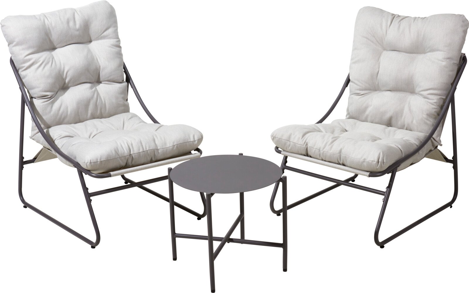 Sodo baldų komplektas, dvi kėdės ir stalas, pilkos sp.