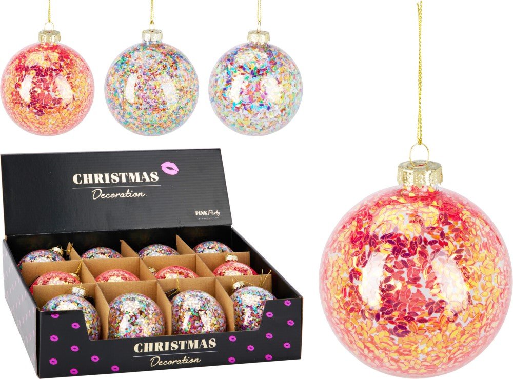 Eglutės žaisliukas Konfeti, stiklas, 3 skirtingos sp., skersmuo 8 cm