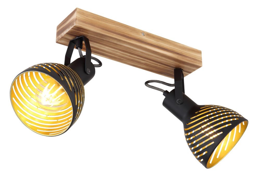 Kryptinis šviestuvas GLOBO Lenna, E27, 2 x 40W, 230V, juodos matinės sp. metalas, tamsiai rudas medis, aukso sp. gaubto vidus, 125 x 300 x 250 mm, 54660-2