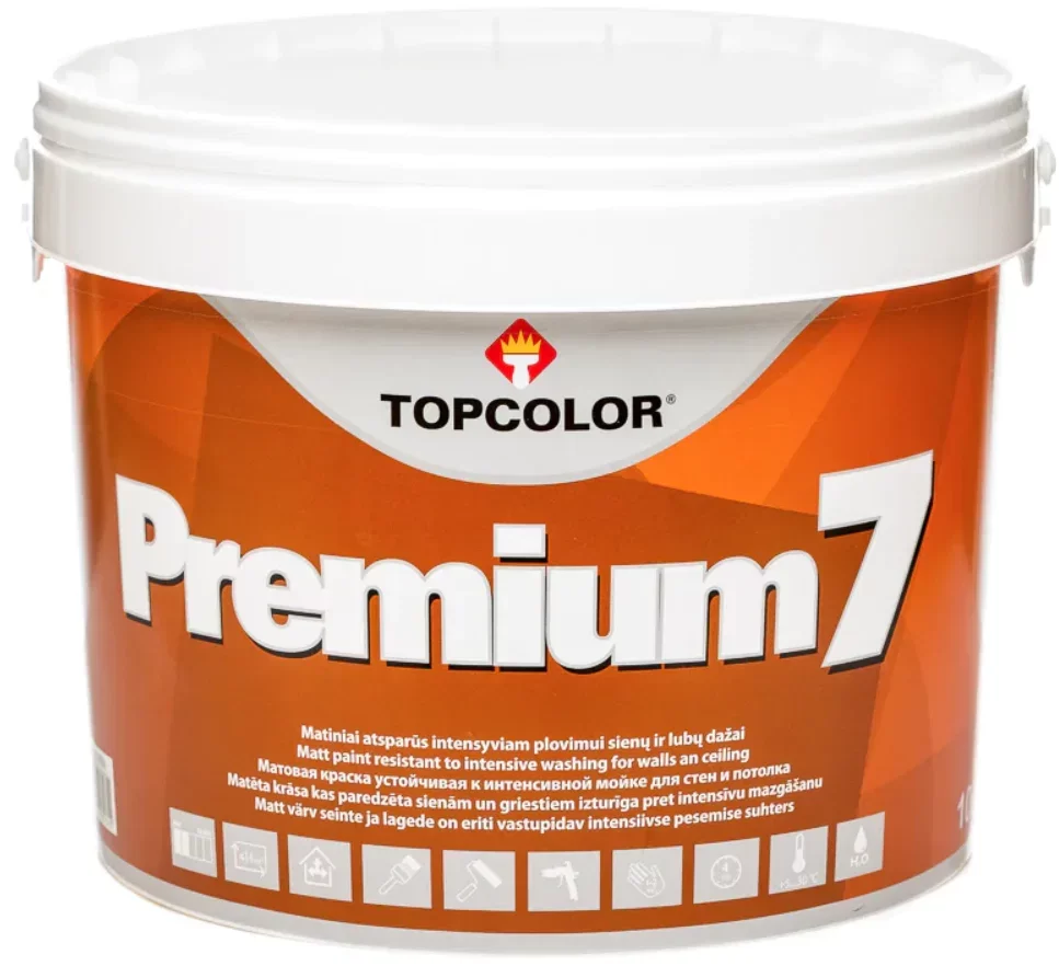 Vandeniniai vidaus dažai TOPCOLOR Premium 7, 10 l, balti, matiniai, ypatingai atsparūs plovimui, sienoms