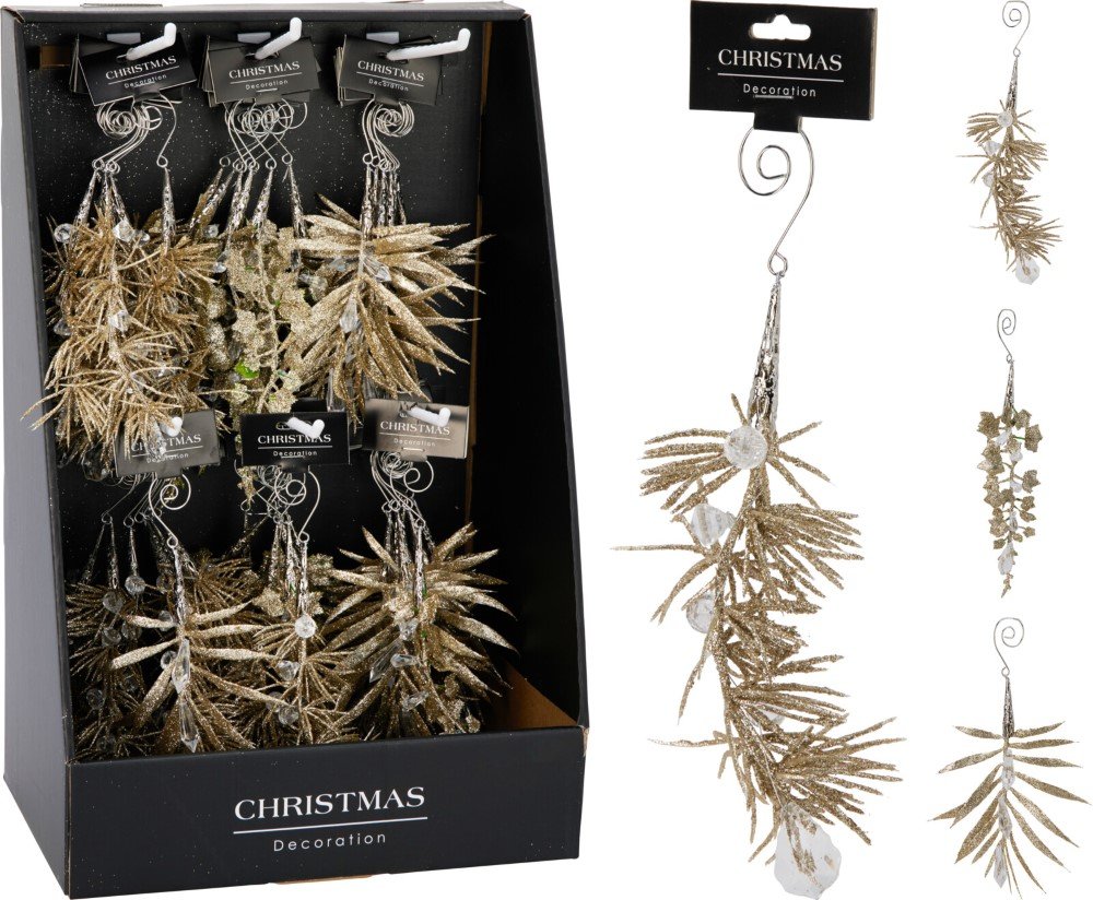Kalėdinė dekoracija Šakelė, blizganti, pakabinama, šampaninės sp., 3 skirtingi dizainai, 5 x 2 x 18 cm