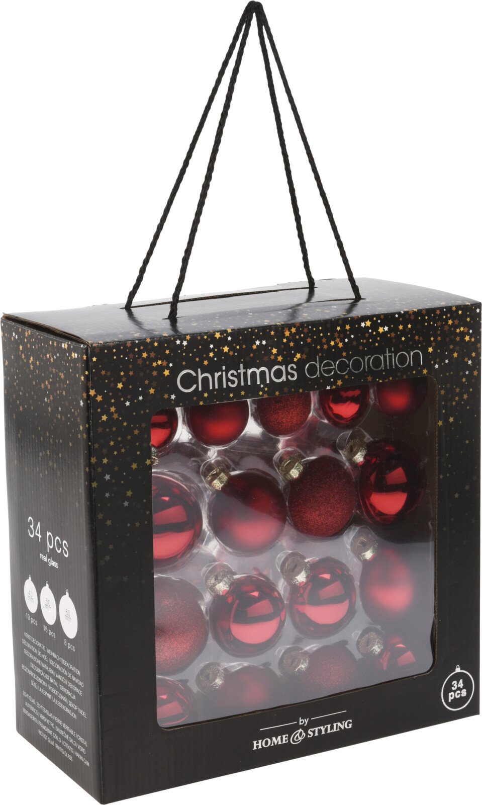 Eglutės žaisliukų rinkinys, 34 vnt., raudonos sp., skersmuo 4, 5 ir 6 cm