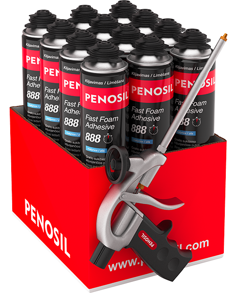 Greito sukibimo klijuojančios putos PENOSIL Adhesive 888,  (12 vnt. x 830 ml) + putų pistoletas C1