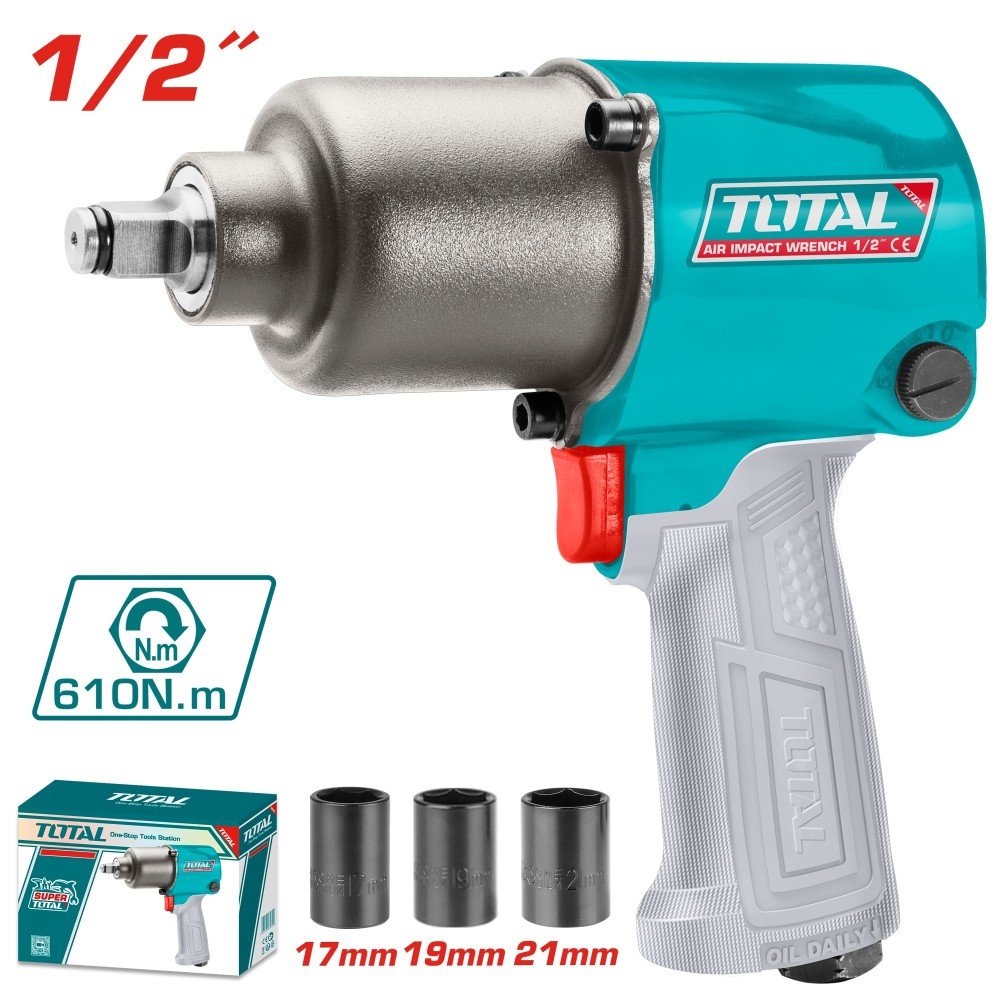 Smūginis veržliaraktis TOTAL, pneumatinis, 1/2", 7000 rpm, 610Nm, 142.5l/min, (angaliai 17, 19, 21 mm), TAT40122