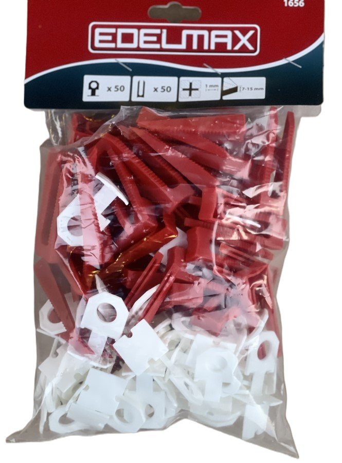Plytelių išlyginimo sistema EDELMAX, 1 mm, inkarų 50 vnt, pleištų 50 vnt., 7-15 mm plytelėms  