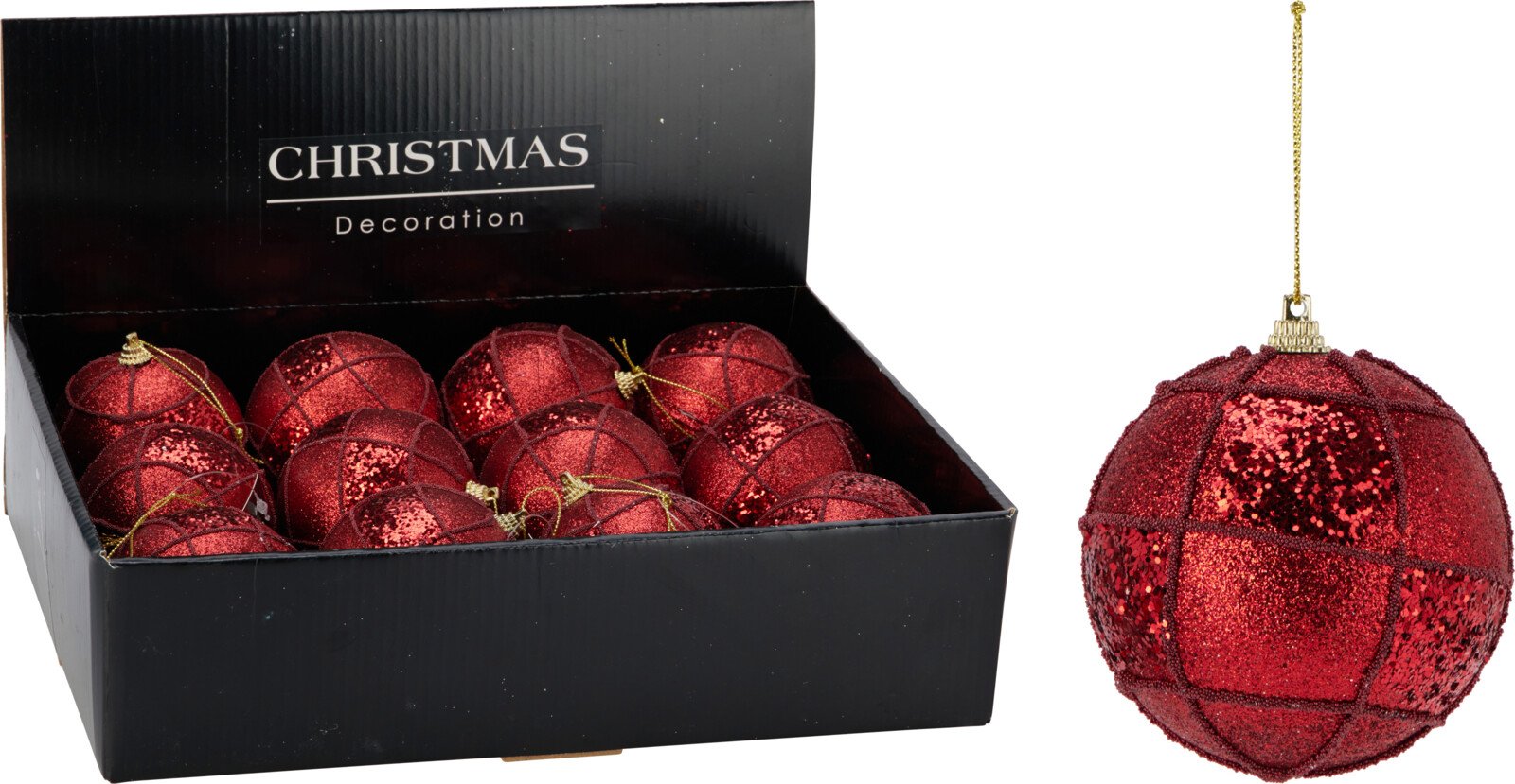 Eglutės žaisliukas, raudonos sp., su linijomis ir blizgučiais, skersmuo 8 cm.